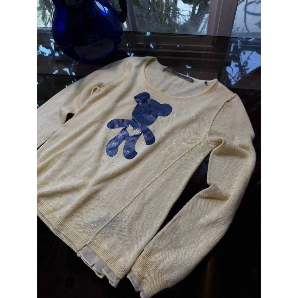 Ochirly Yellow Knit Top Blue Striped Teddy Bear Rhinestone Heart Chiffon Trim S